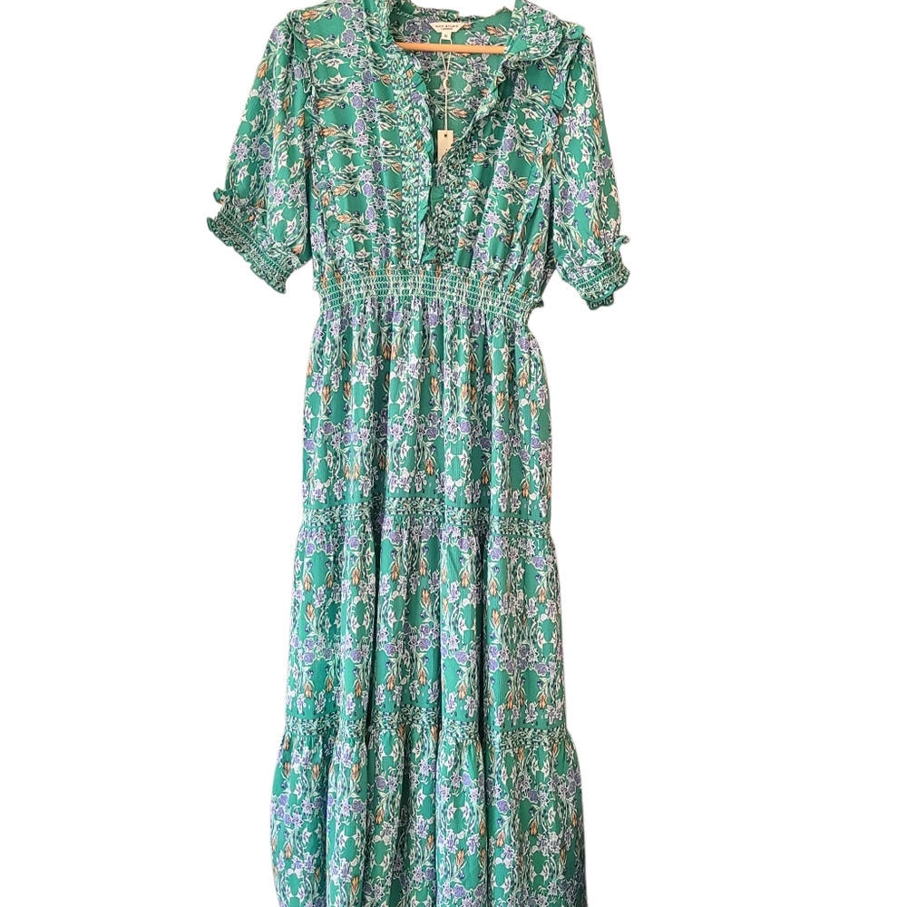 NWT Max Studio Blue and Green Tiered Maxi dress XL Sumner Ruffled Smocked